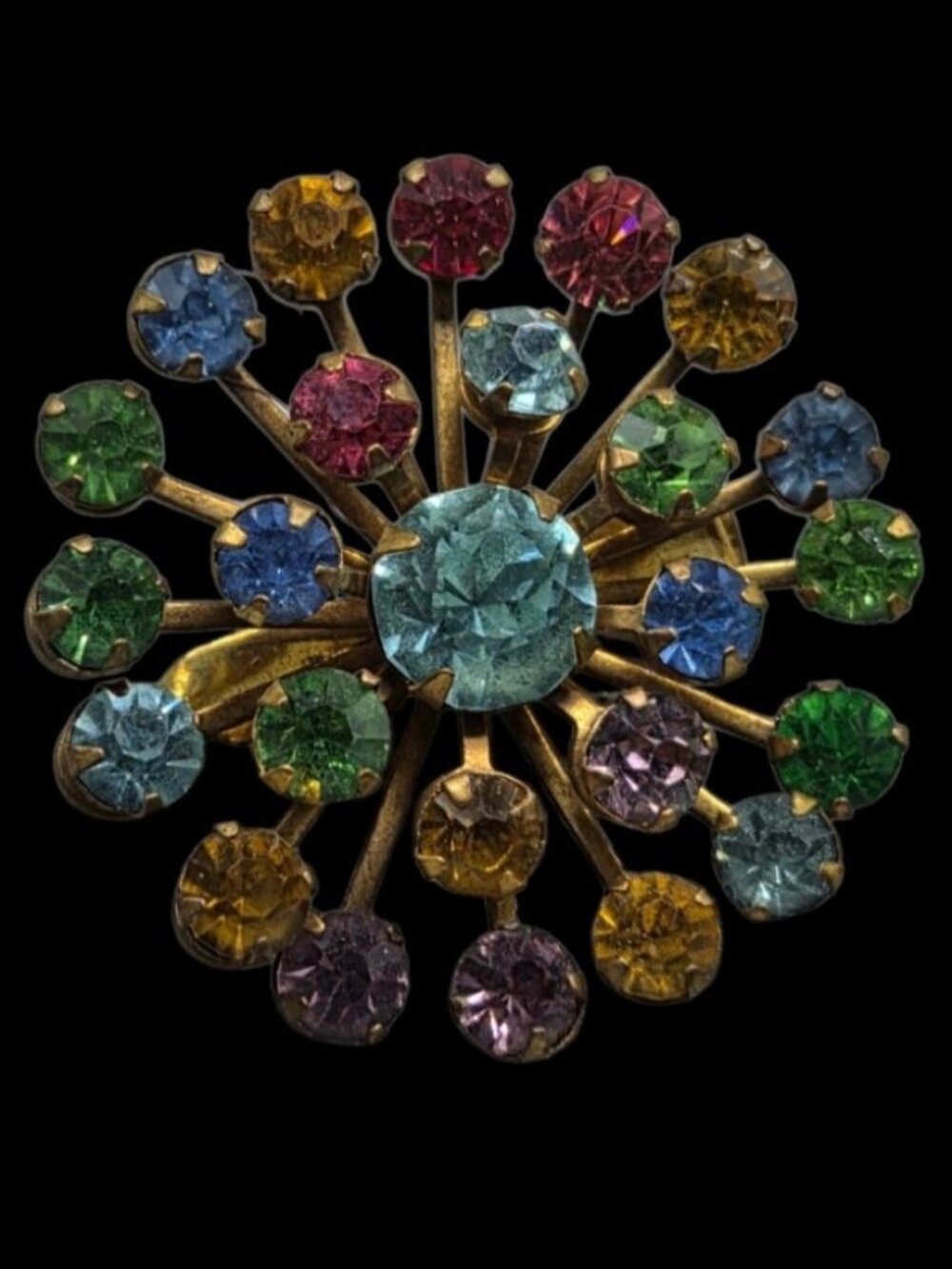 Vintage 1950s Atomic Starburst Rhinestone Brooch Multi Color Pastel Flower Pin